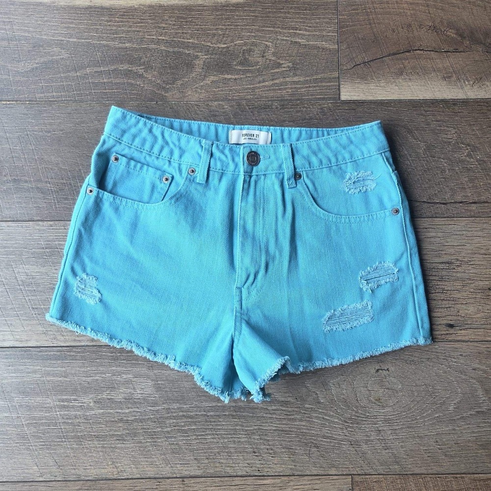 Forever 21 Womens Distressed Denim Shorts Aqua Blue High Rise Size 26